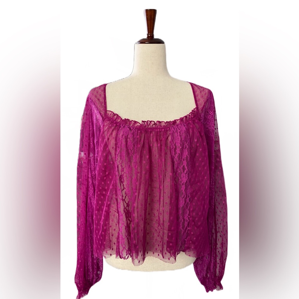 Free People A Little Love Lace Peasant Top Purple/Magenta  Sheer Size Small